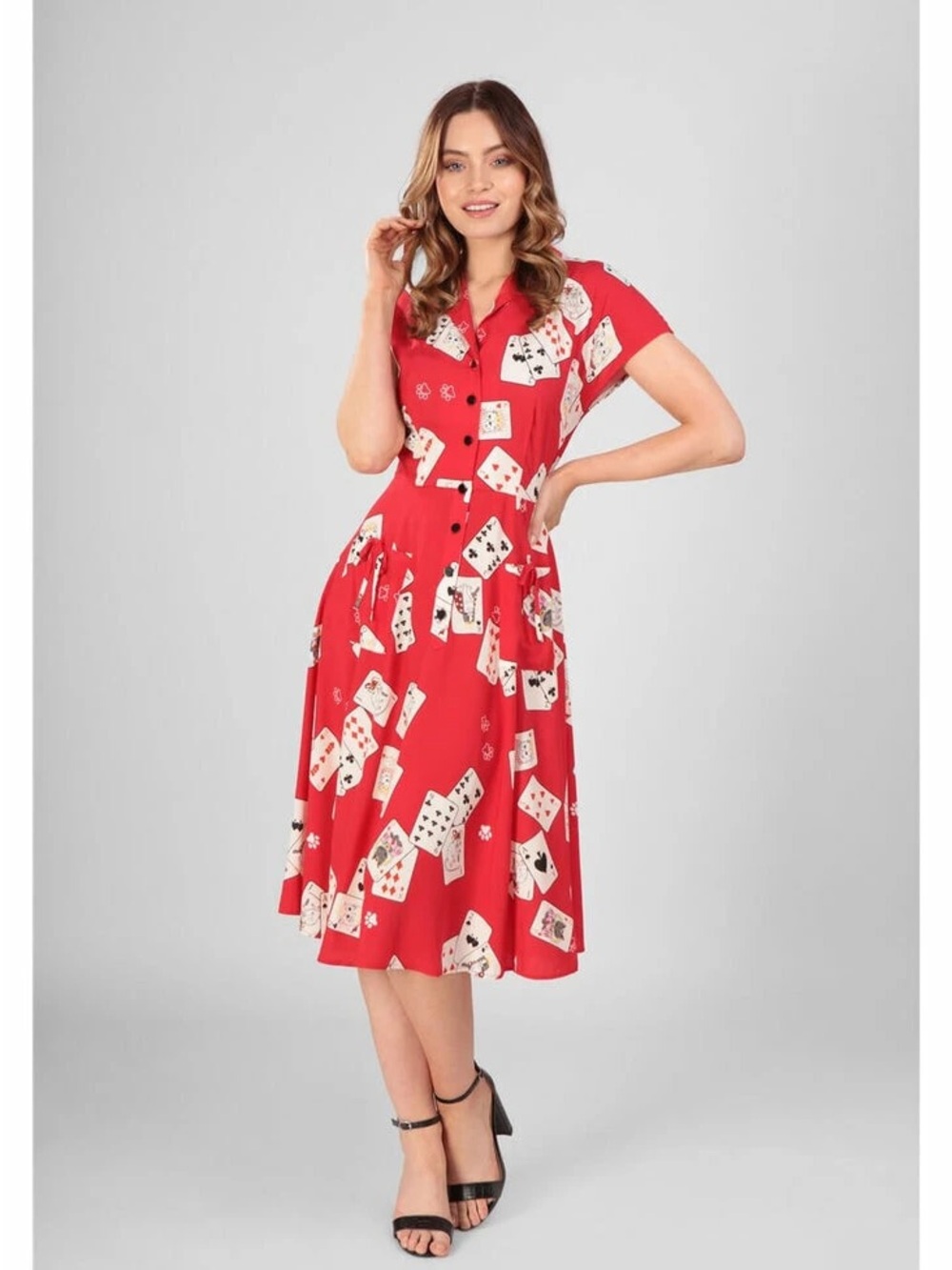 Collectif Liza Cat Croupier 40’s Swing Dress Red UK 18 US 14 Playing Cards